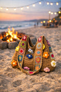 Boho Crochet Tote Bag | Granny Square Shoulder Bag & Floral Beach Purse