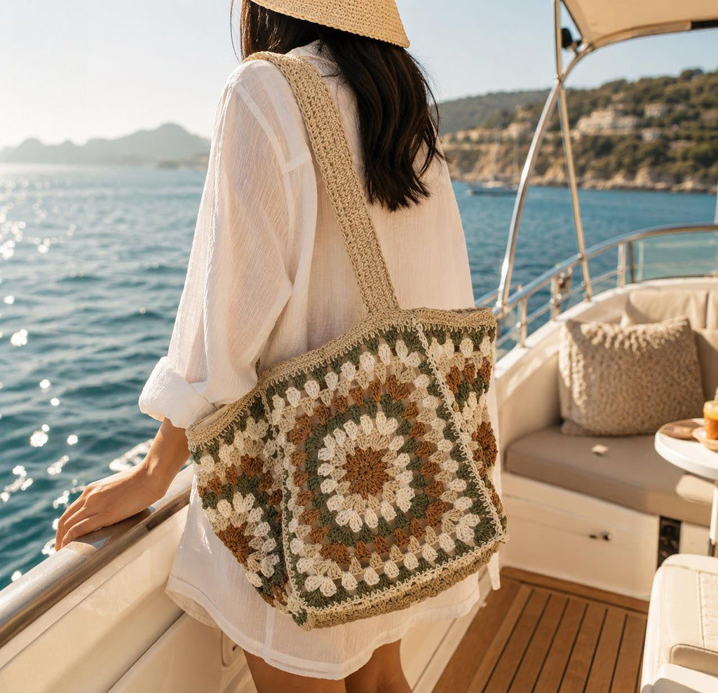 Boho Crochet Tote Bag | Woven Straw Purse With Zipper Closure & Wristlet Strap
