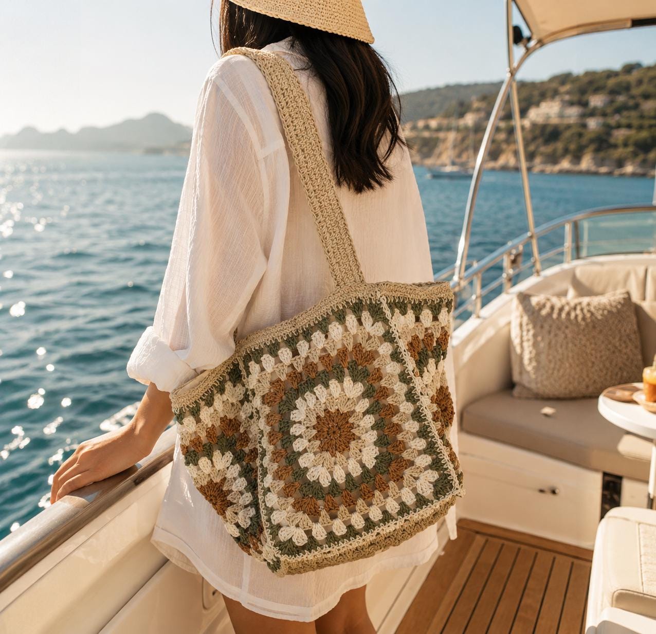Boho Crochet Tote Bag | Woven Straw Purse With Zipper Closure & Wristlet Strap
