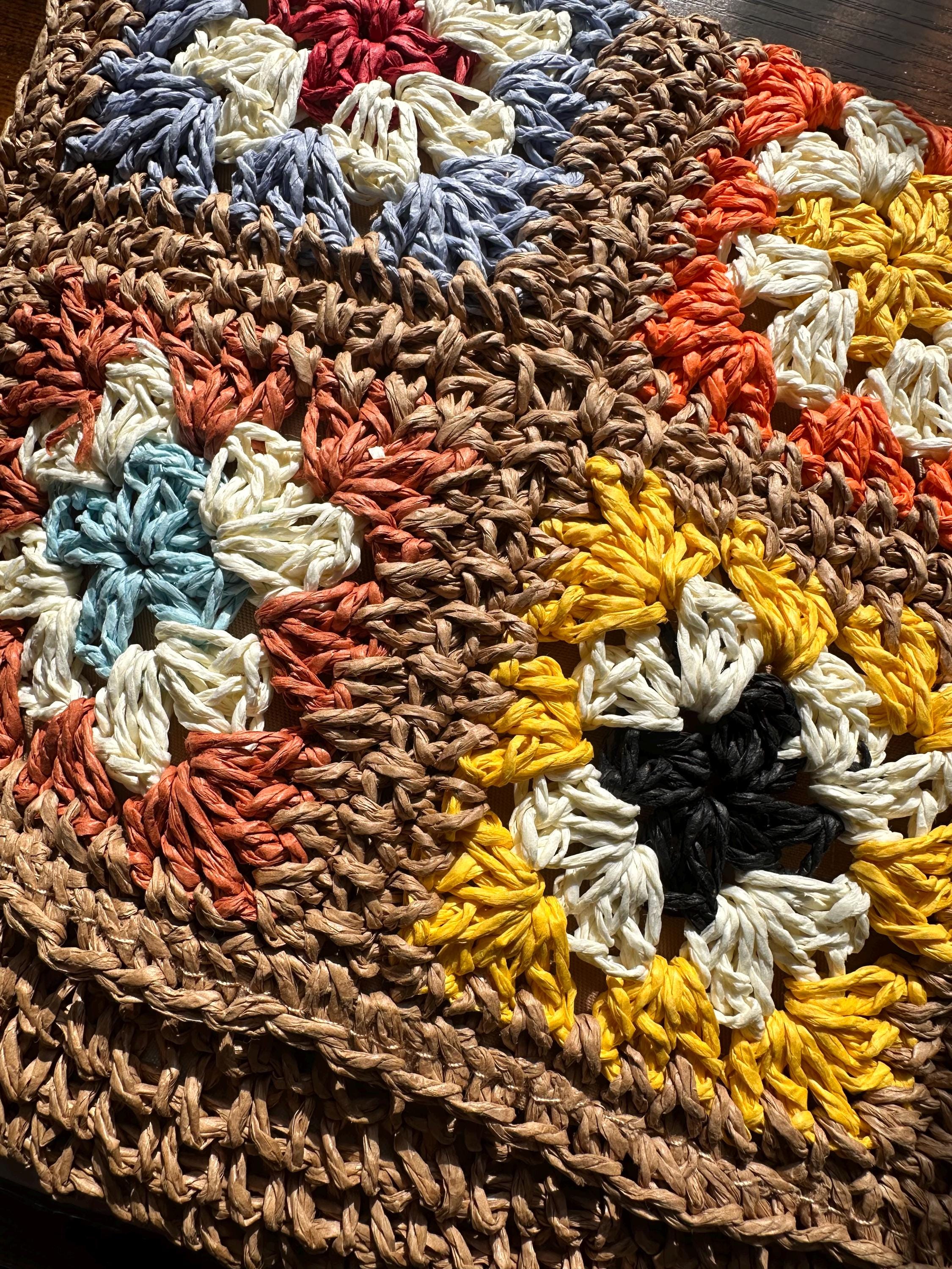 Vintage Granny Square Straw Purse | Colorful Boho Crossbody Bag For Beach & Everyday Use