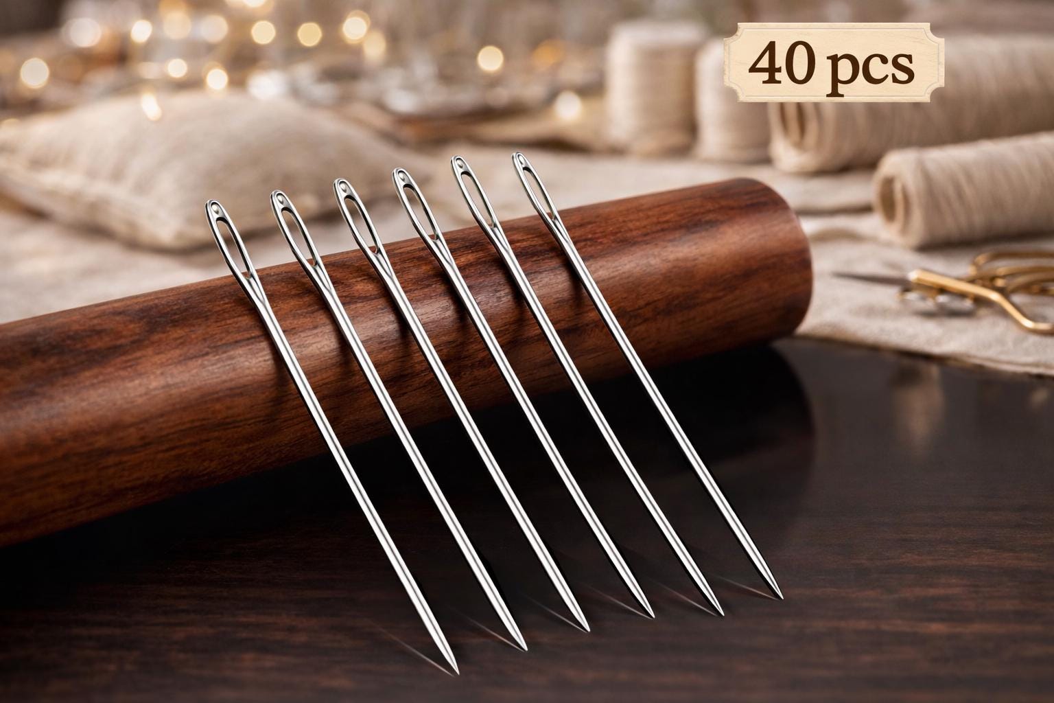 Large-Eye Hand Sewing Needles | Easy Threading Stainless Steel Needles (40Pc Set With Wooden Case)