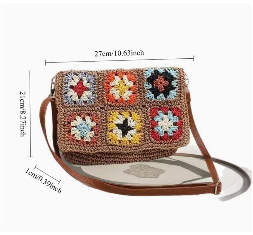 Vintage Granny Square Straw Purse | Colorful Boho Crossbody Bag For Beach & Everyday Use