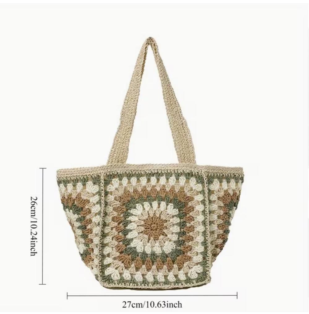 Boho Crochet Tote Bag | Woven Straw Purse With Zipper Closure & Wristlet Strap