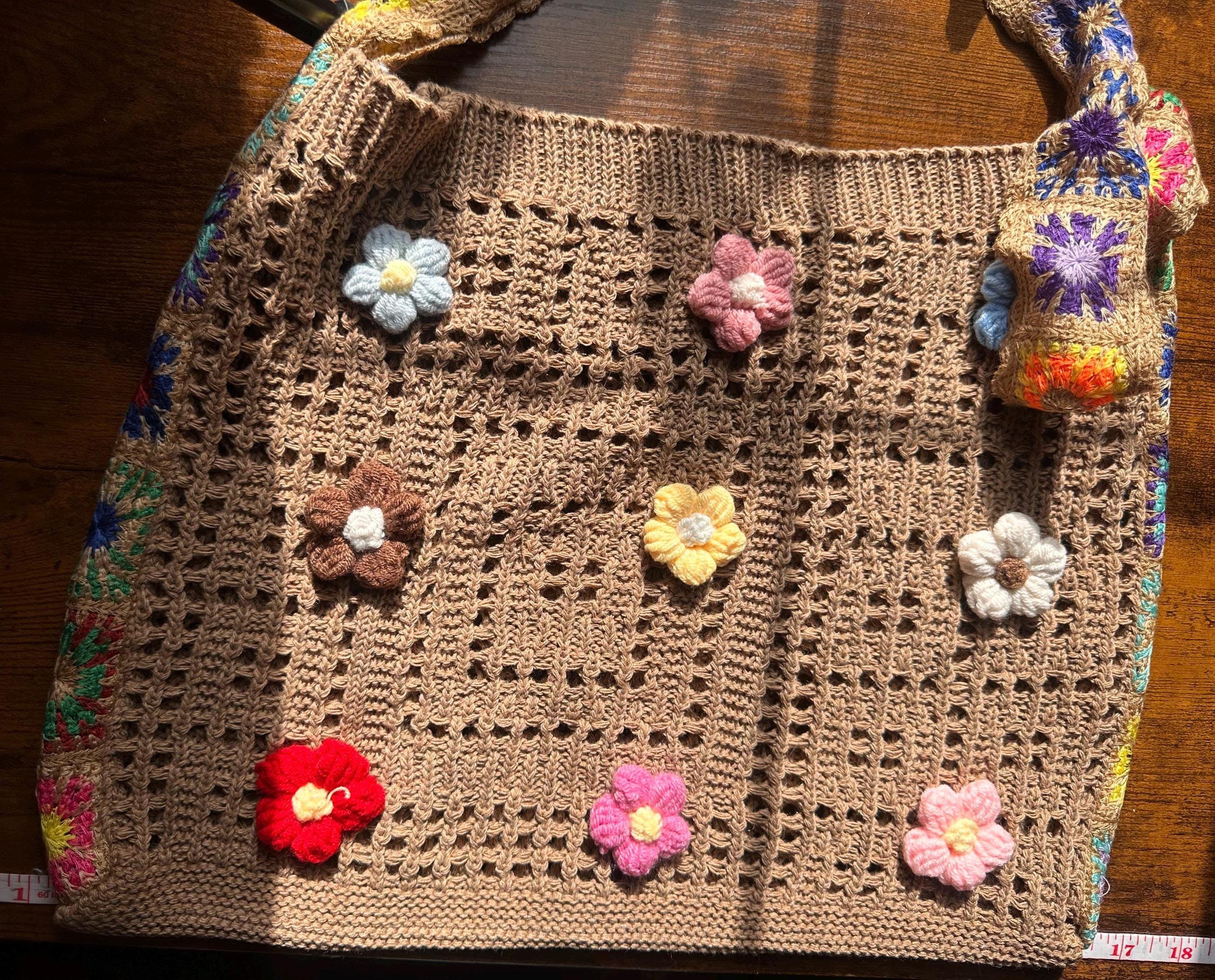 Boho Crochet Tote Bag | Granny Square Shoulder Bag & Floral Beach Purse