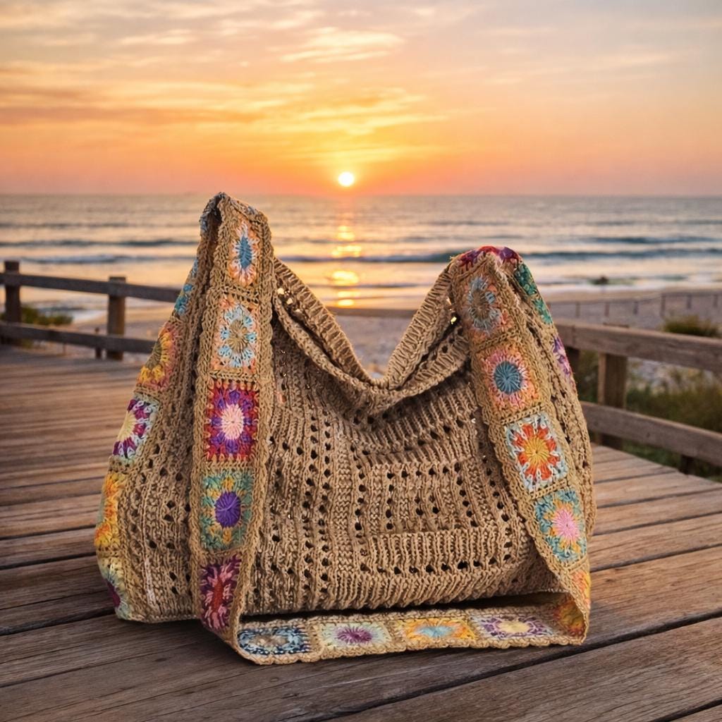 Crochet Tote Bag | Boho Granny Square Shoulder Bag