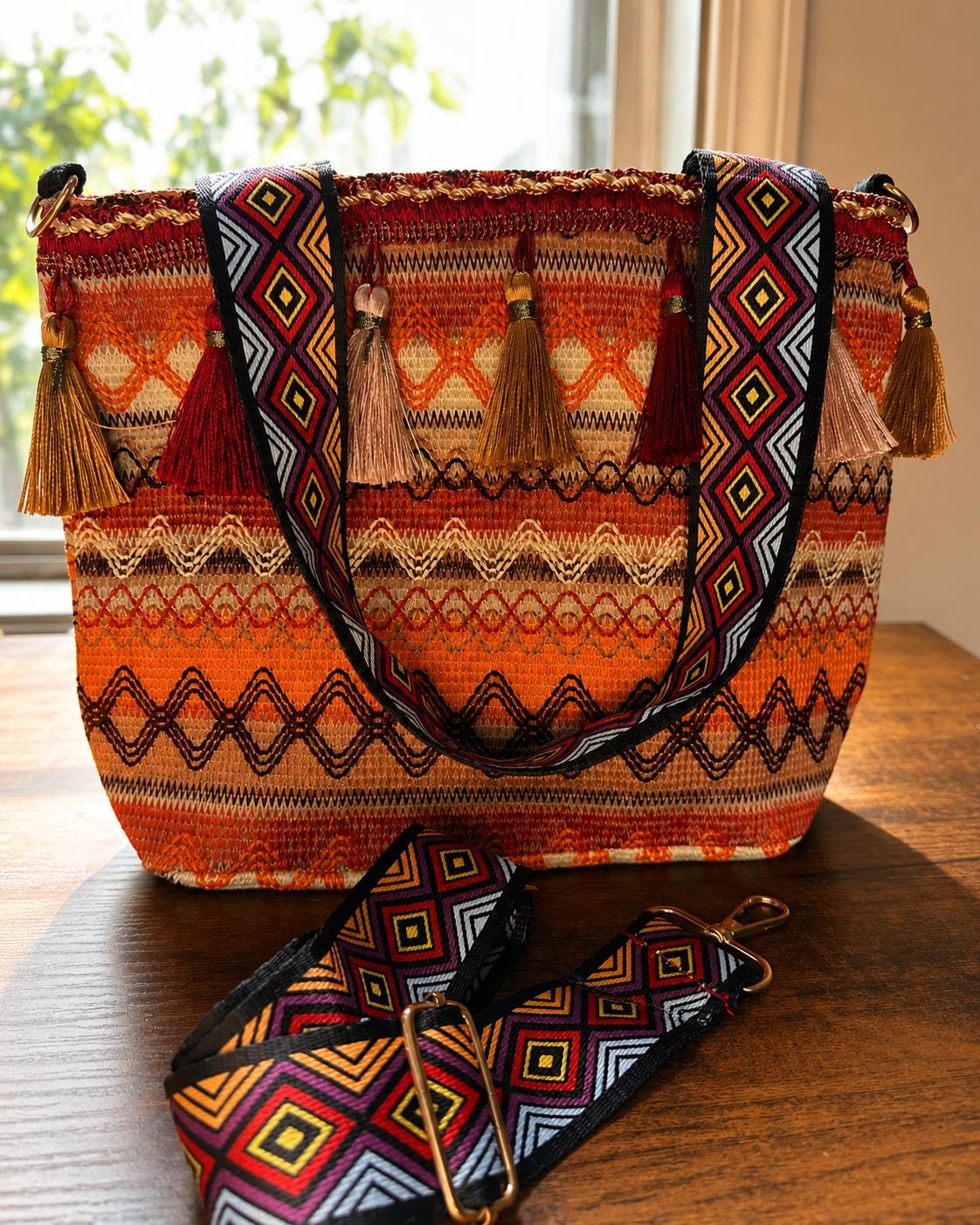 Boho Tote Bag With Tassels | Woven Shoulder Bag