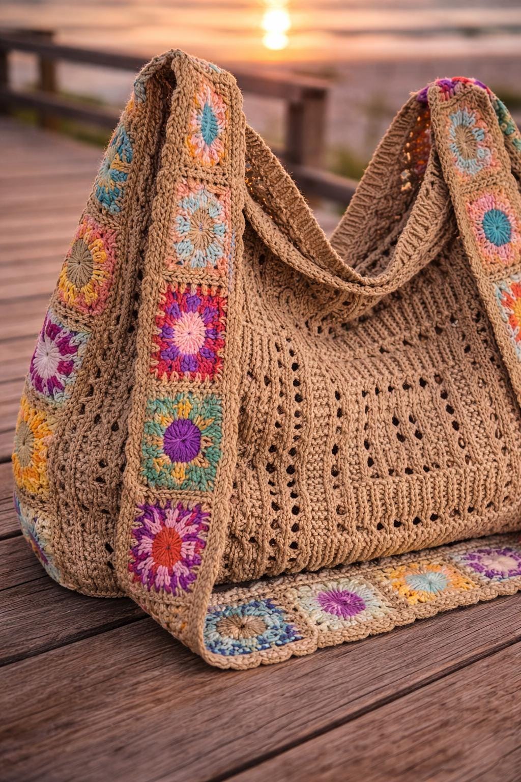 Crochet Tote Bag | Boho Granny Square Shoulder Bag