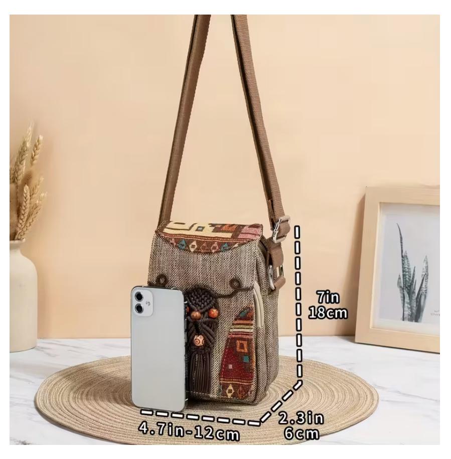 Boho Phone Bag | Multi-Compartment Crossbody Pouch With Woven Tapestry Design