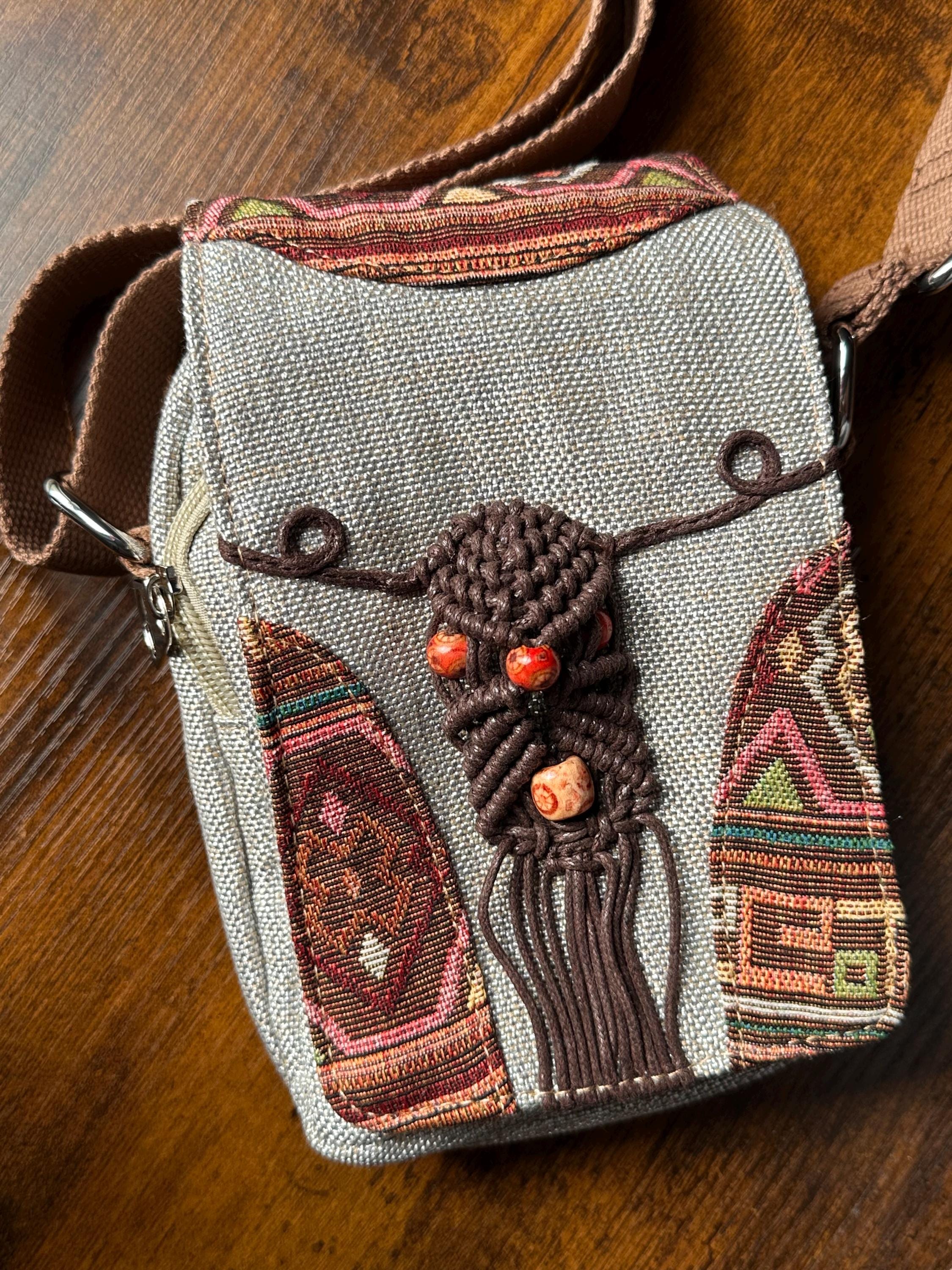 Boho Phone Bag | Multi-Compartment Crossbody Pouch With Woven Tapestry Design