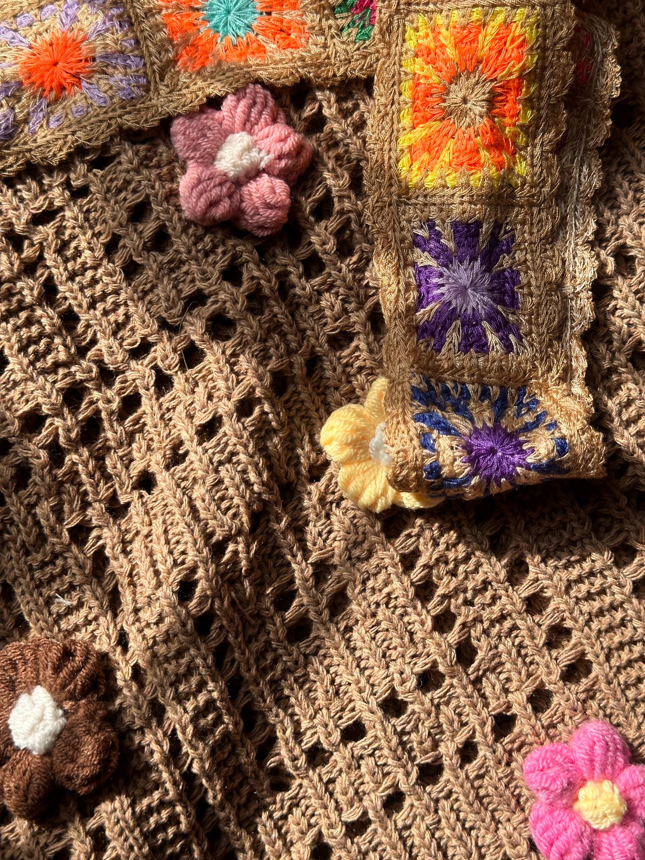 Boho Crochet Tote Bag | Granny Square Shoulder Bag & Floral Beach Purse