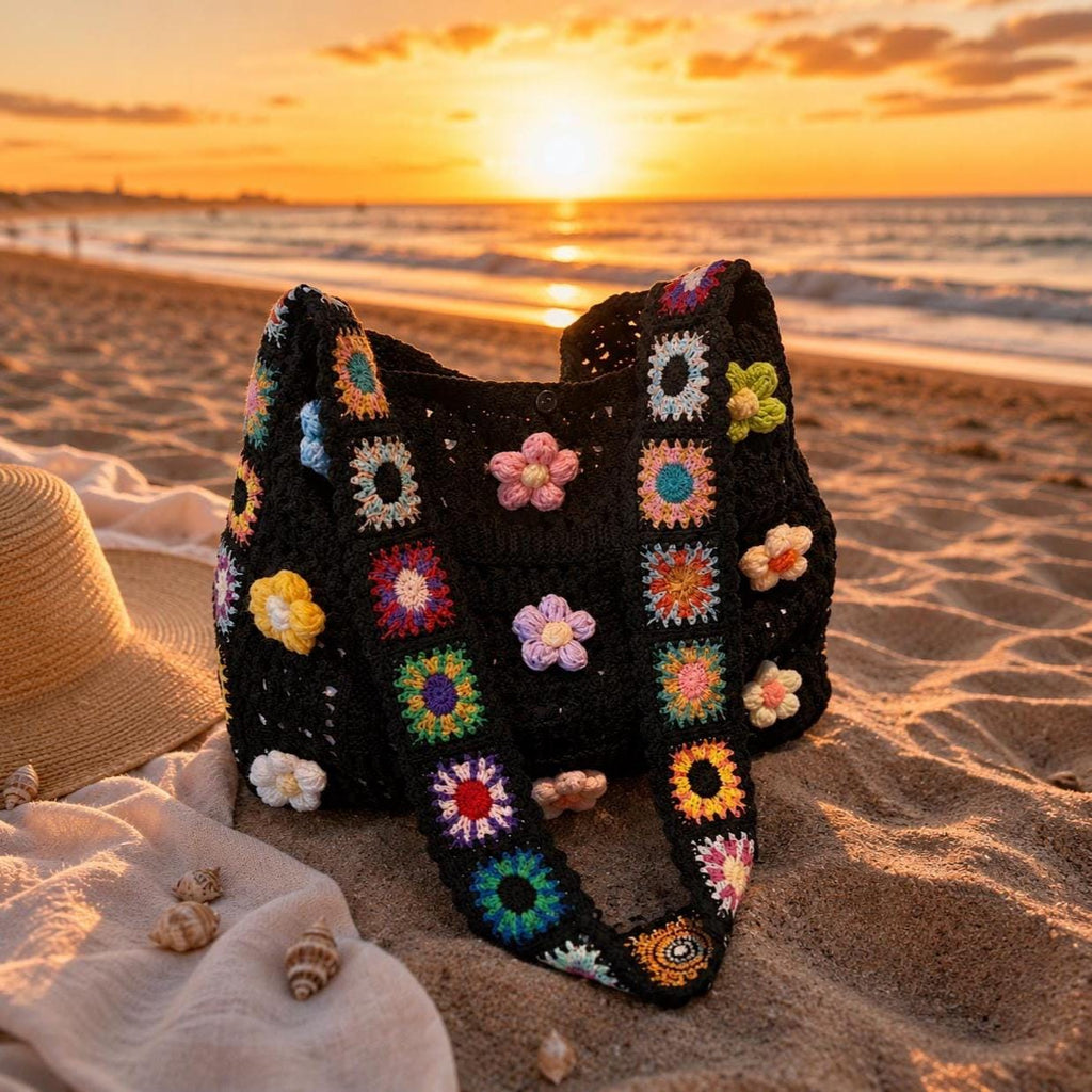 Boho Crochet Tote Bag | Granny Square Shoulder Bag & Floral Beach Purse
