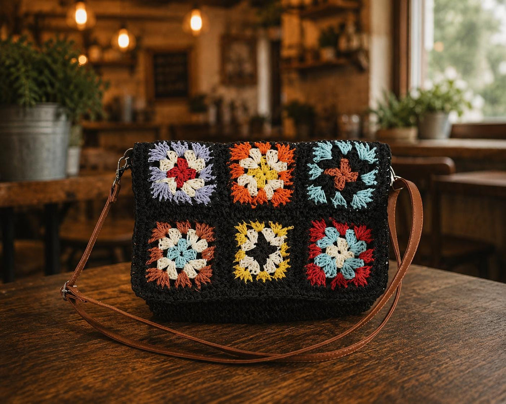 Vintage Granny Square Straw Purse | Colorful Boho Crossbody Bag For Beach & Everyday Use