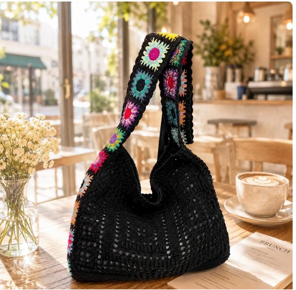 Crochet Tote Bag | Boho Granny Square Shoulder Bag