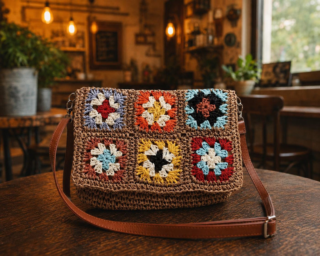 Vintage Granny Square Straw Purse | Colorful Boho Crossbody Bag For Beach & Everyday Use