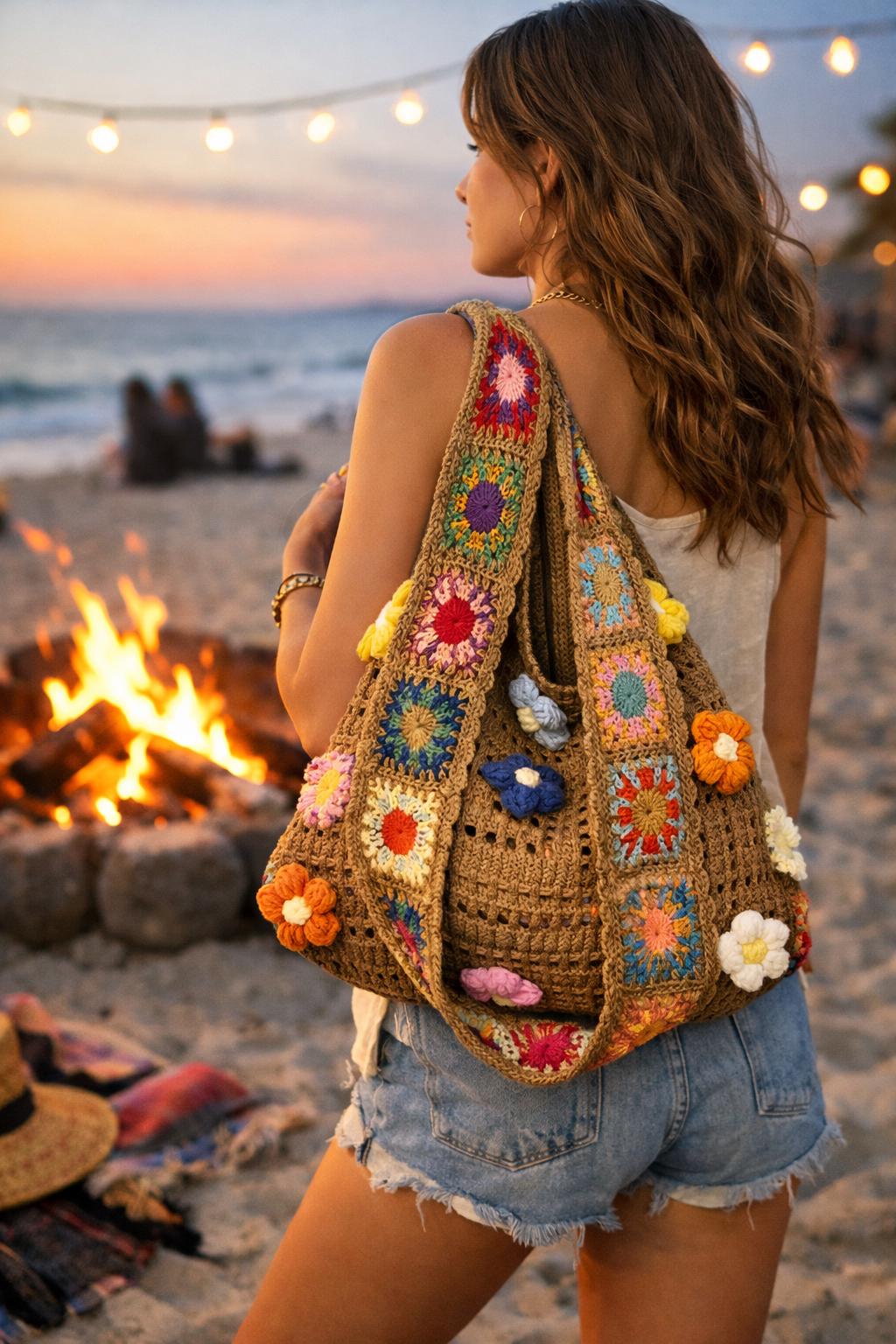 Boho Crochet Tote Bag | Granny Square Shoulder Bag & Floral Beach Purse