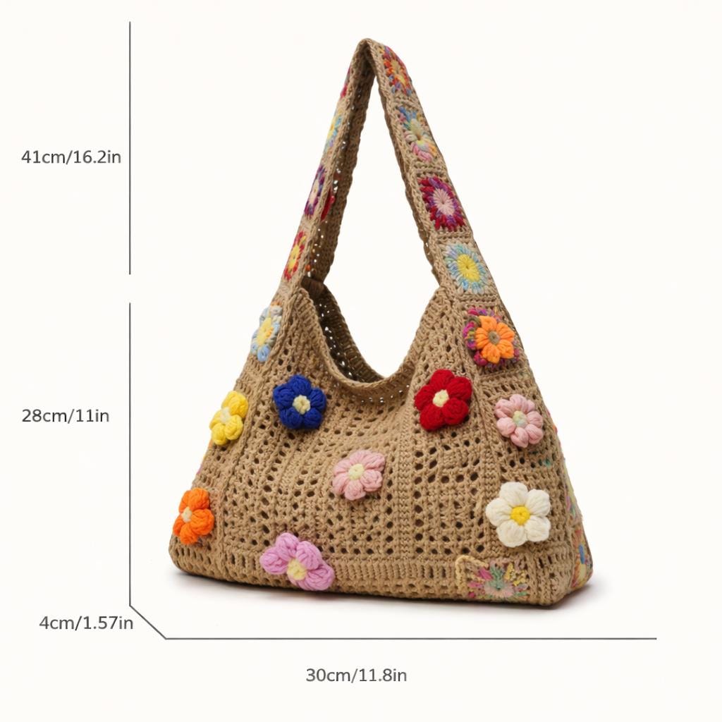 Boho Crochet Tote Bag | Granny Square Shoulder Bag & Floral Beach Purse